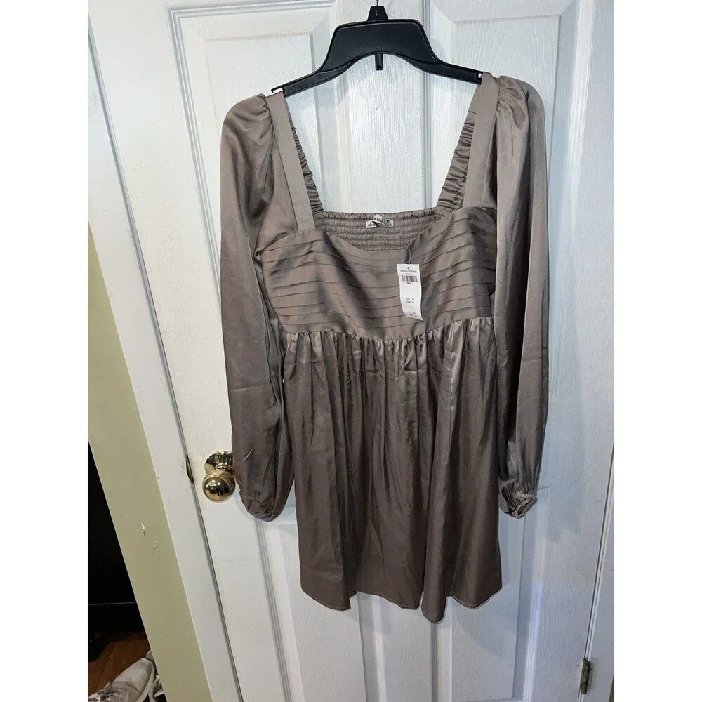 Abercrombie & Fitch Dress Womens Tall Sz S Babydoll Pleated Satin Balloon Sleeve